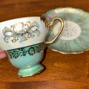 Vintage Elegant Green and Gold Teacup and Saucer Set